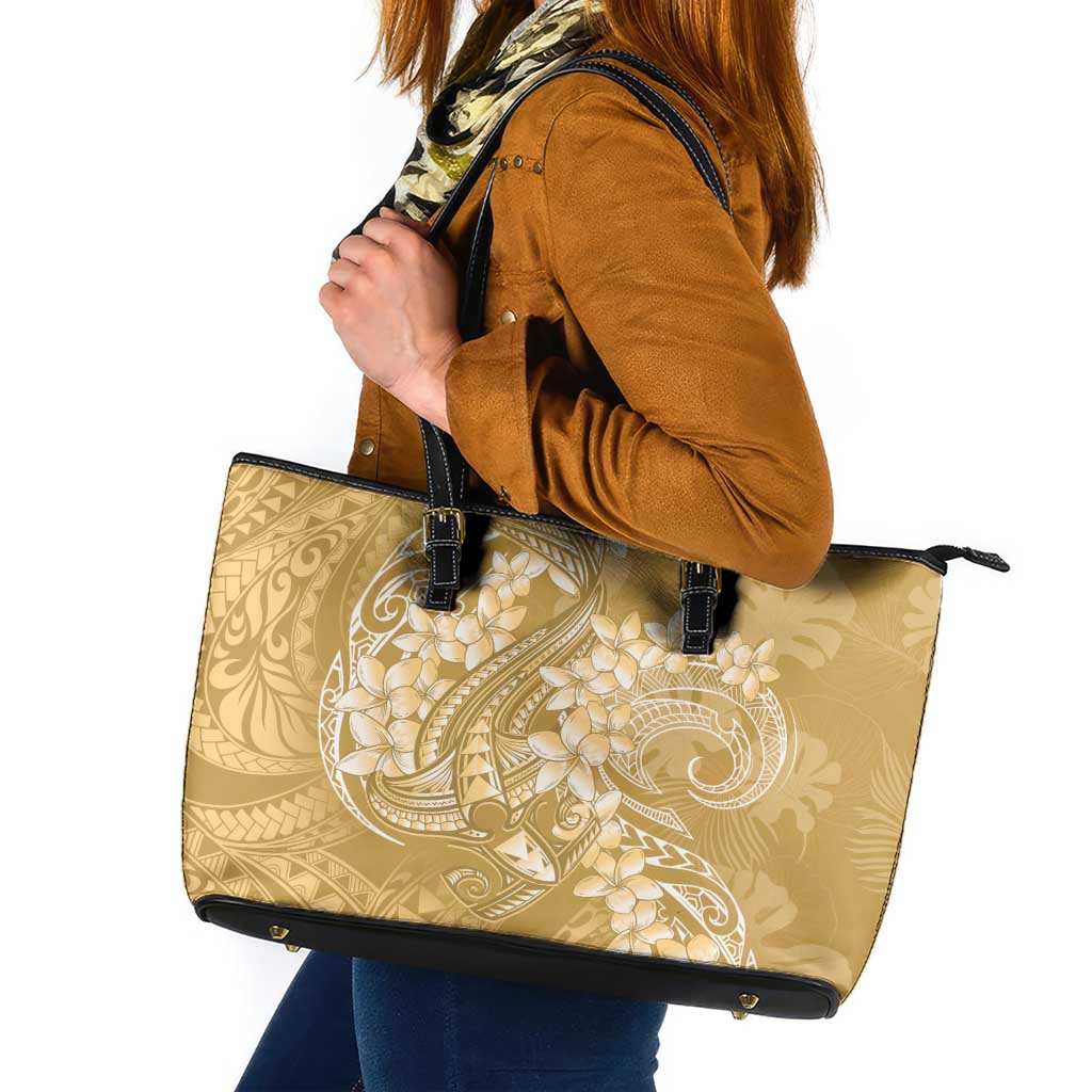 Yellow Polynesia Hammerhead Shark Tattoo With Plumeria Lei Leather Tote Bag