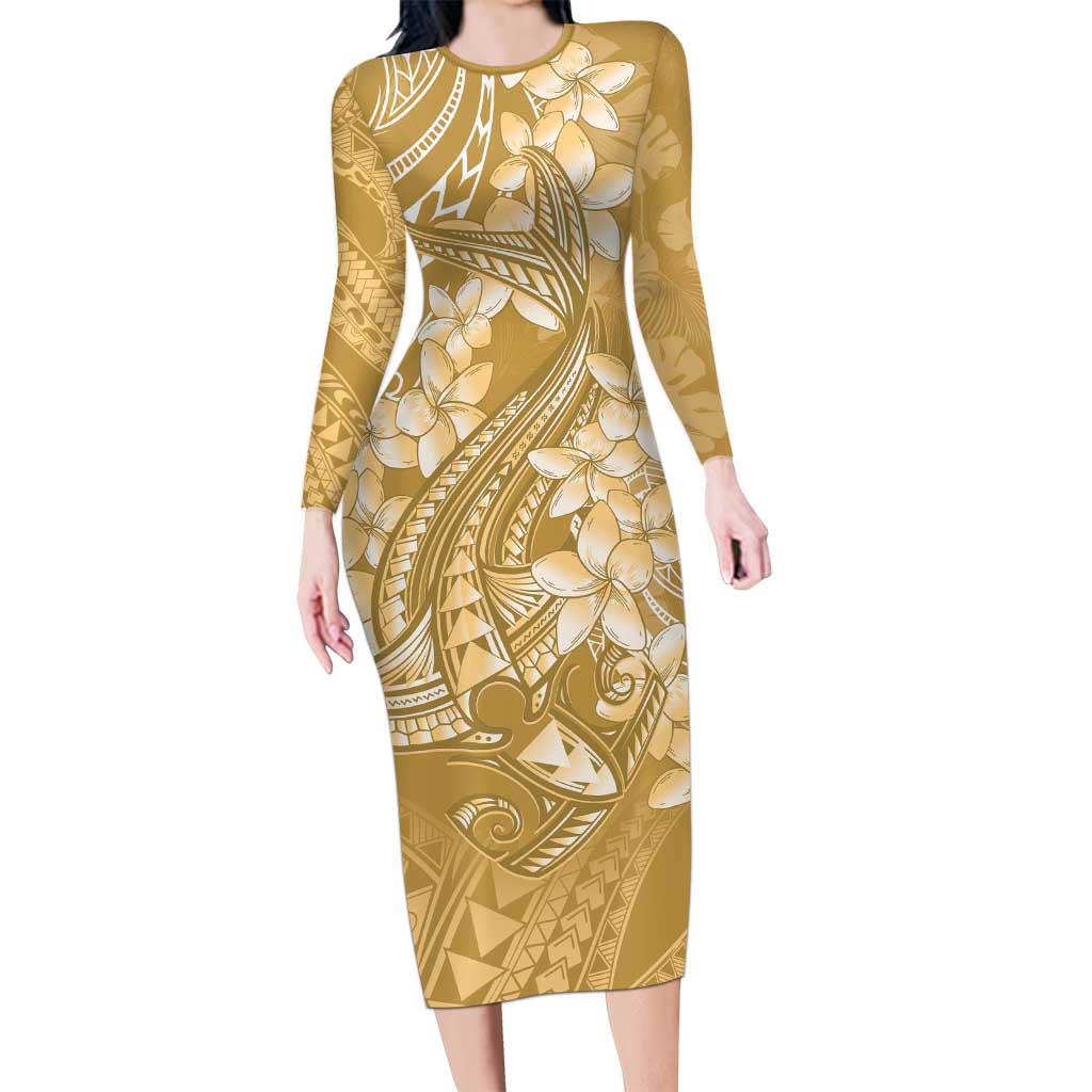 Yellow Polynesia Hammerhead Shark Tattoo With Plumeria Lei Long Sleeve Bodycon Dress