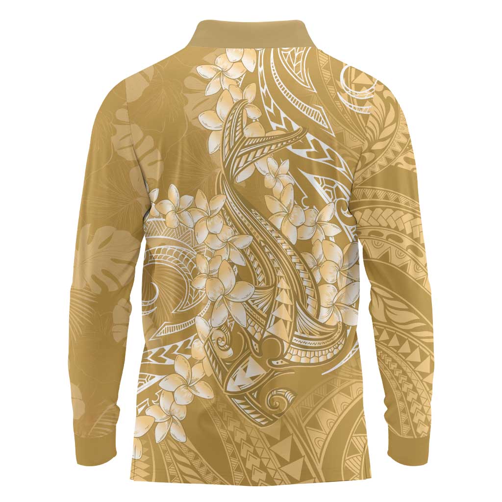Yellow Polynesia Hammerhead Shark Tattoo With Plumeria Lei Long Sleeve Polo Shirt LT14 - Polynesian Pride