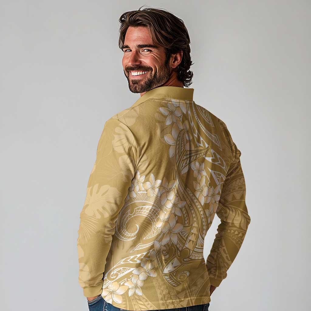 Yellow Polynesia Hammerhead Shark Tattoo With Plumeria Lei Long Sleeve Polo Shirt LT14 - Polynesian Pride