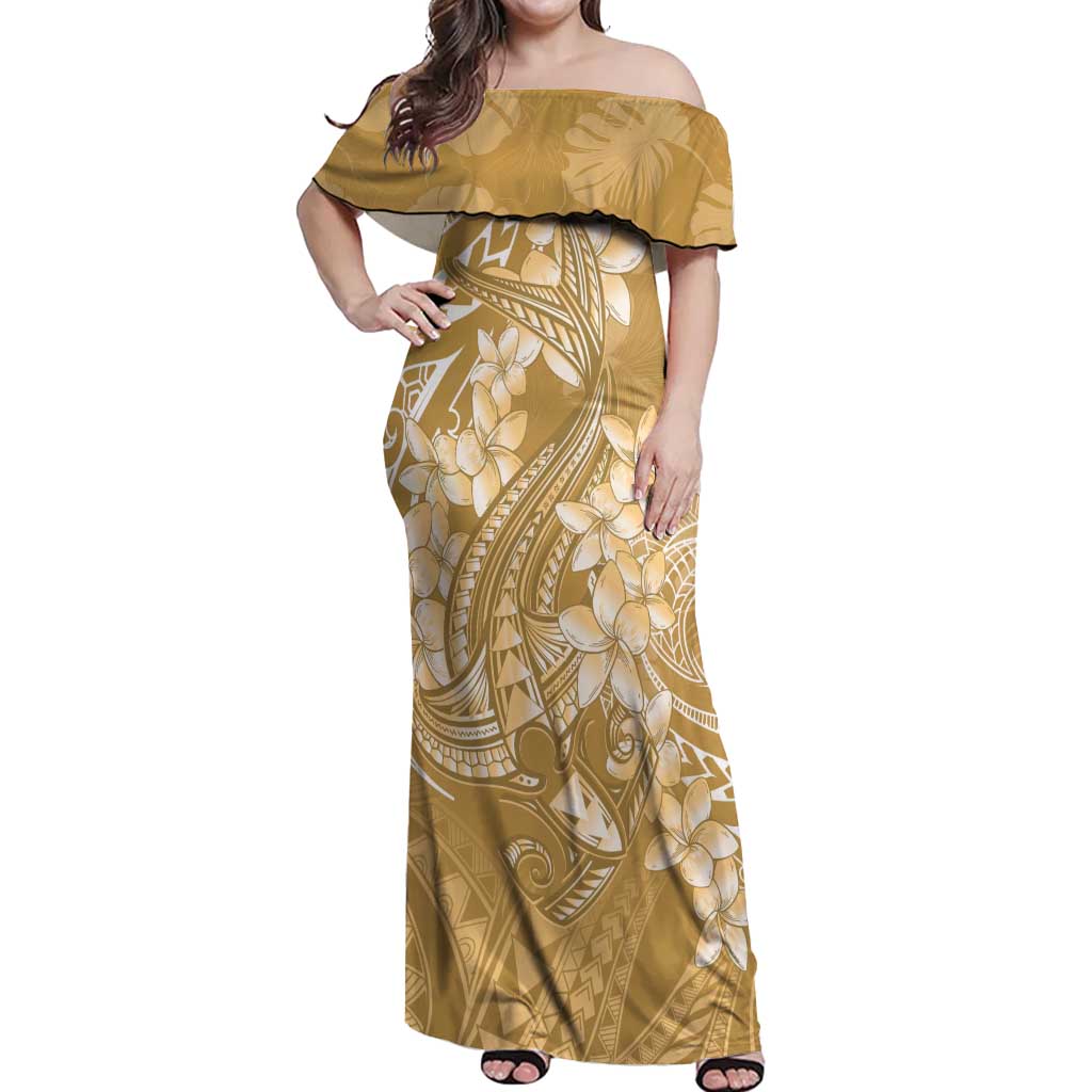Yellow Polynesia Hammerhead Shark Tattoo With Plumeria Lei Off Shoulder Maxi Dress