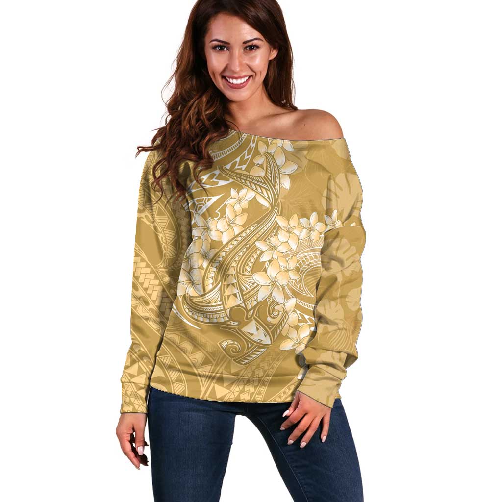 Yellow Polynesia Hammerhead Shark Tattoo With Plumeria Lei Off Shoulder Sweater