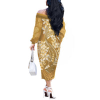Yellow Polynesia Hammerhead Shark Tattoo With Plumeria Lei Off The Shoulder Long Sleeve Dress