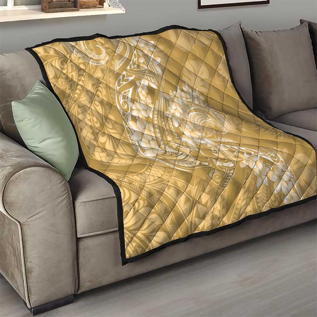 Yellow Polynesia Hammerhead Shark Tattoo With Plumeria Lei Quilt