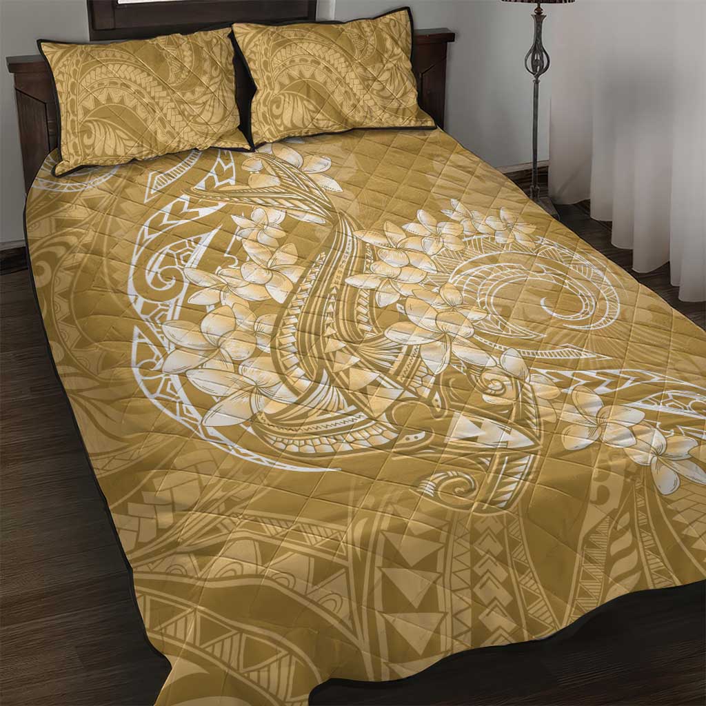 Yellow Polynesia Hammerhead Shark Tattoo With Plumeria Lei Quilt Bed Set