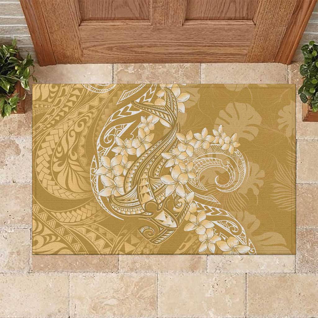 Yellow Polynesia Hammerhead Shark Tattoo With Plumeria Lei Rubber Doormat