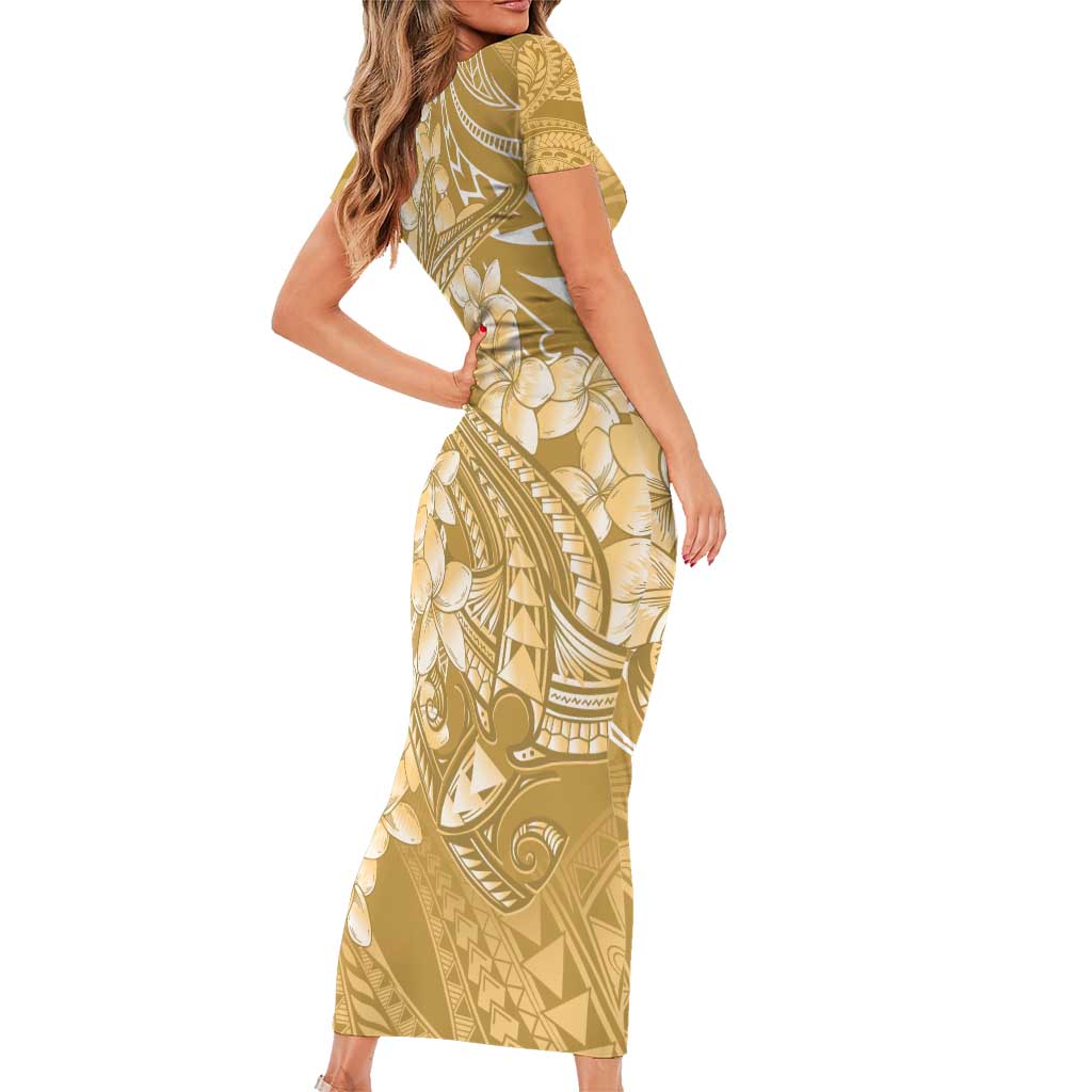 Yellow Polynesia Hammerhead Shark Tattoo With Plumeria Lei Short Sleeve Bodycon Dress