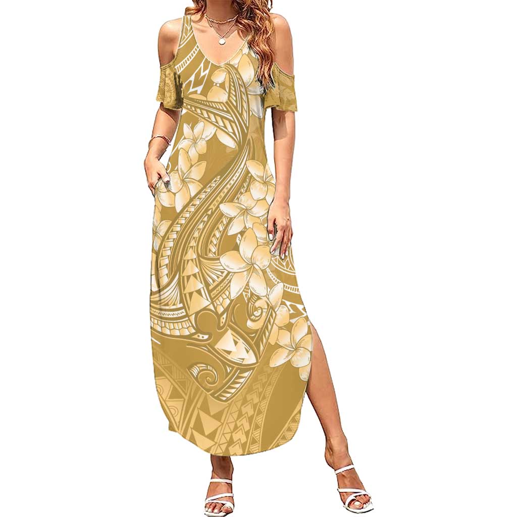 Yellow Polynesia Hammerhead Shark Tattoo With Plumeria Lei Summer Maxi Dress