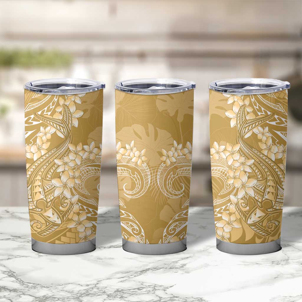 Yellow Polynesia Hammerhead Shark Tattoo With Plumeria Lei Tumbler Cup