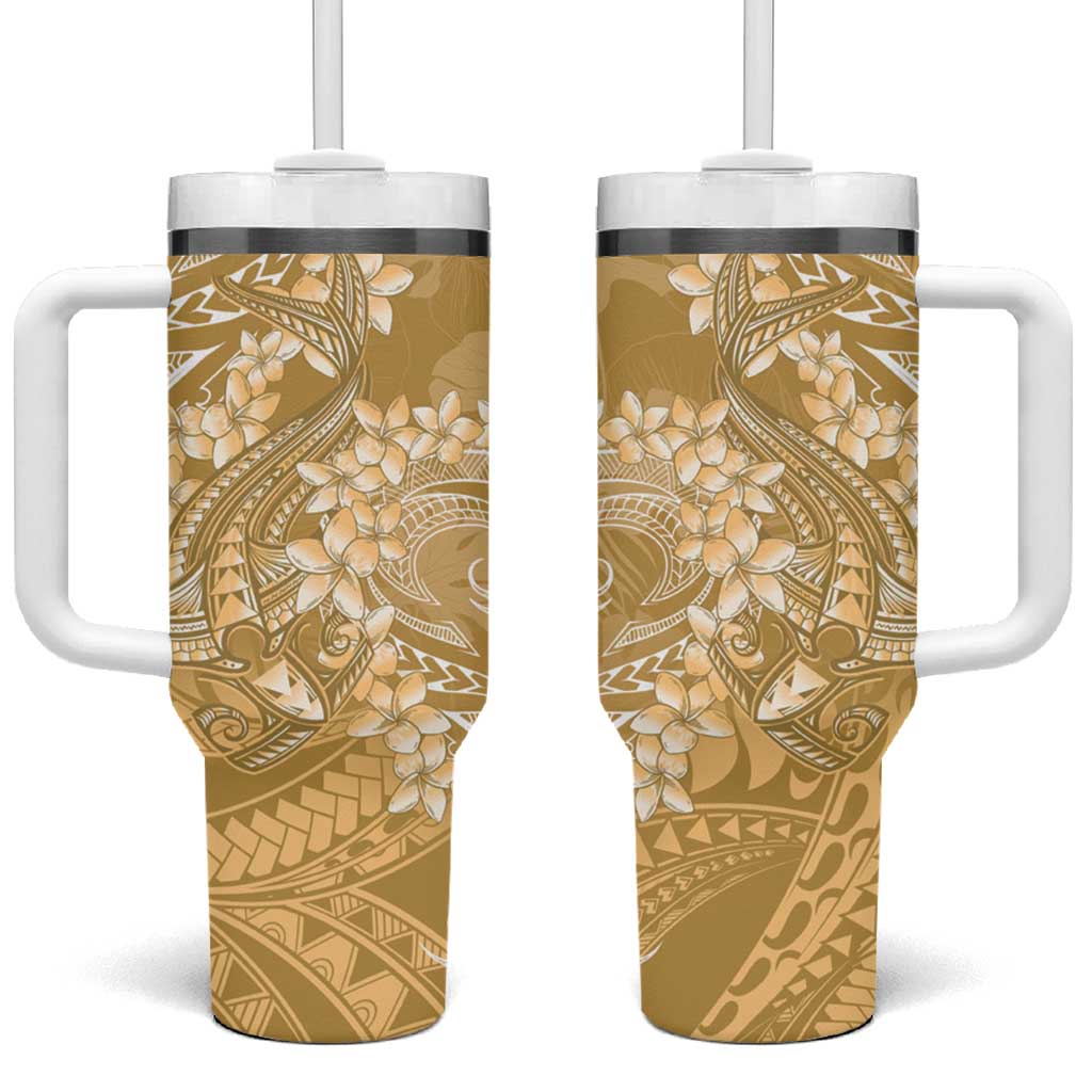 Yellow Polynesia Hammerhead Shark Tattoo With Plumeria Lei Tumbler With Handle
