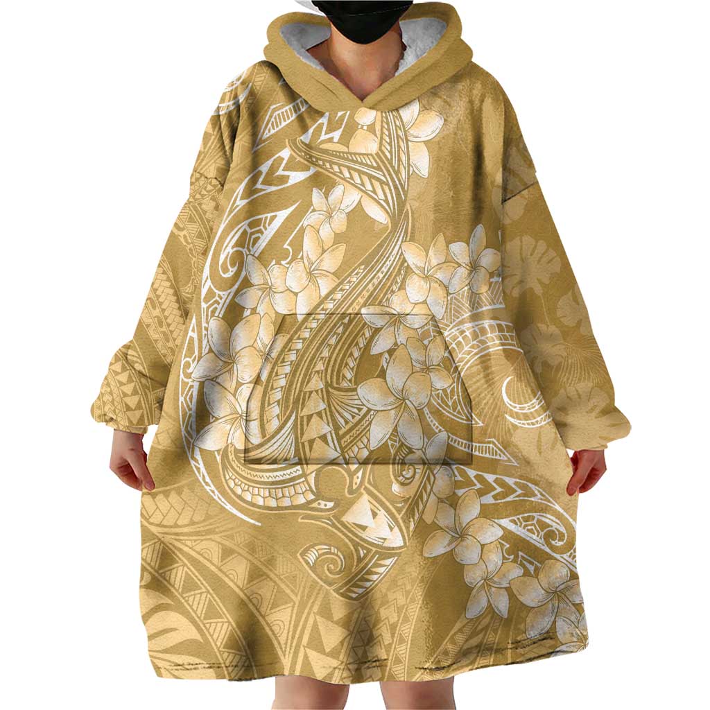 Yellow Polynesia Hammerhead Shark Tattoo With Plumeria Lei Wearable Blanket Hoodie