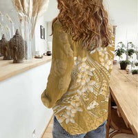 Yellow Polynesia Hammerhead Shark Tattoo With Plumeria Lei Women Casual Shirt