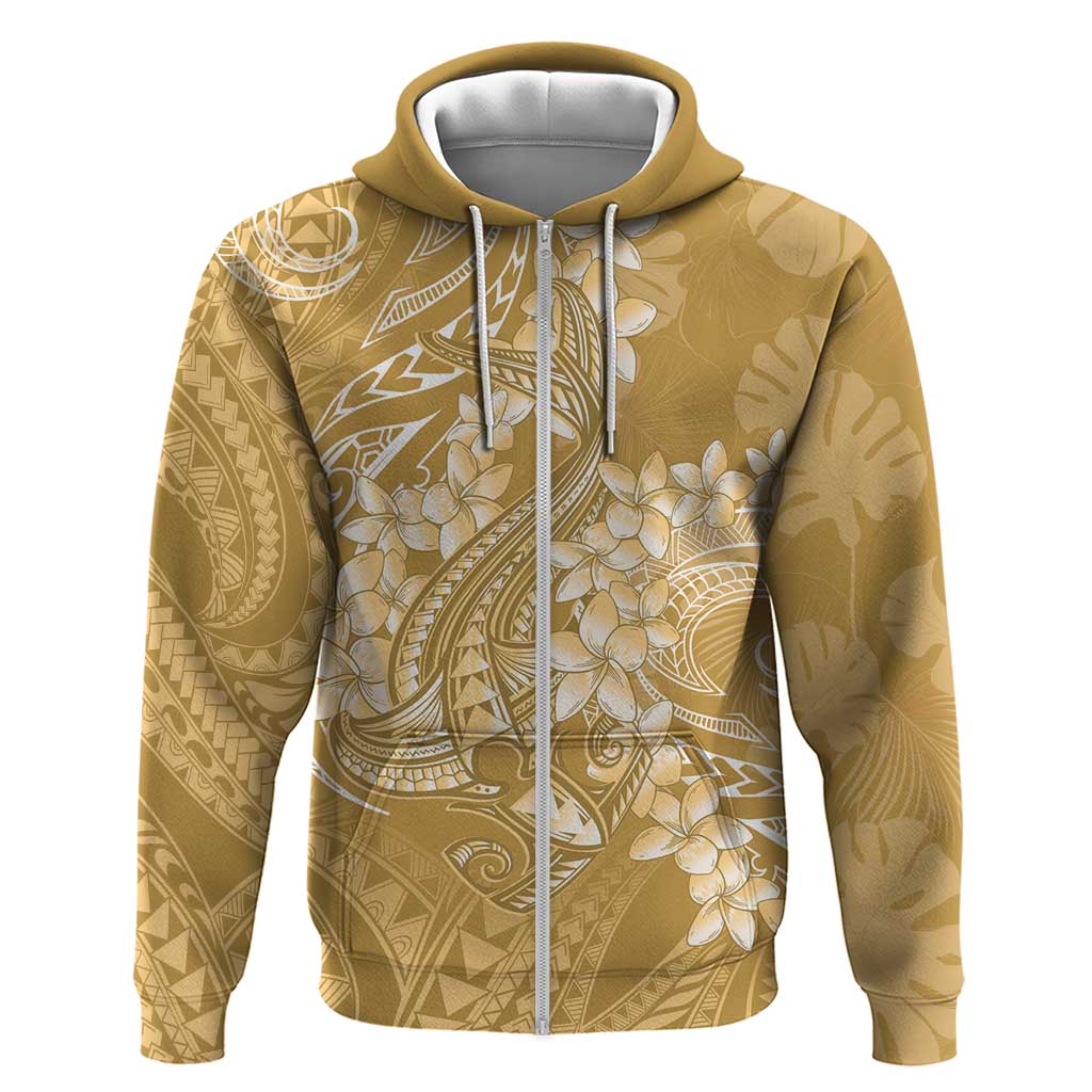 Yellow Polynesia Hammerhead Shark Tattoo With Plumeria Lei Zip Hoodie
