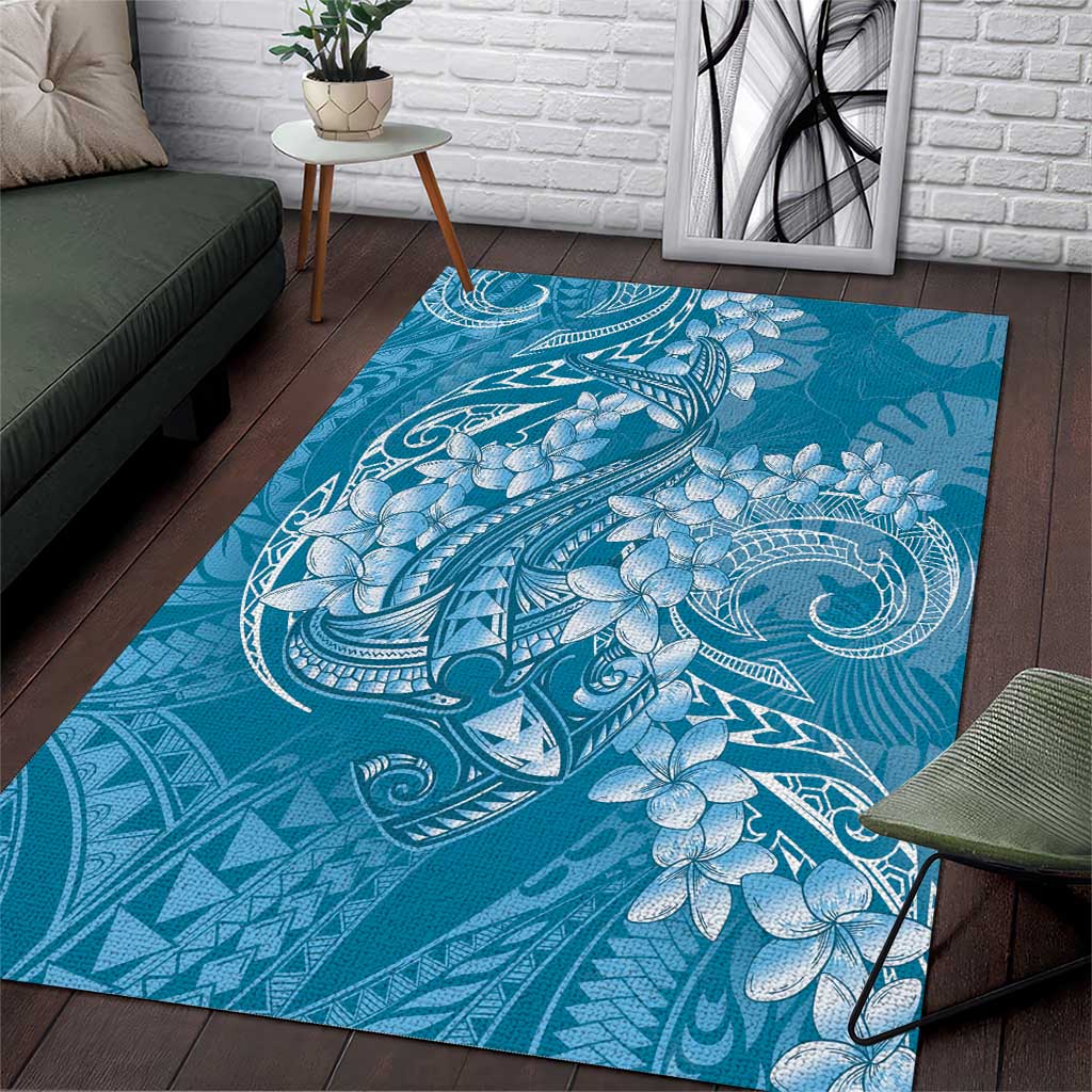 Blue Polynesia Hammerhead Shark Tattoo With Plumeria Lei Area Rug