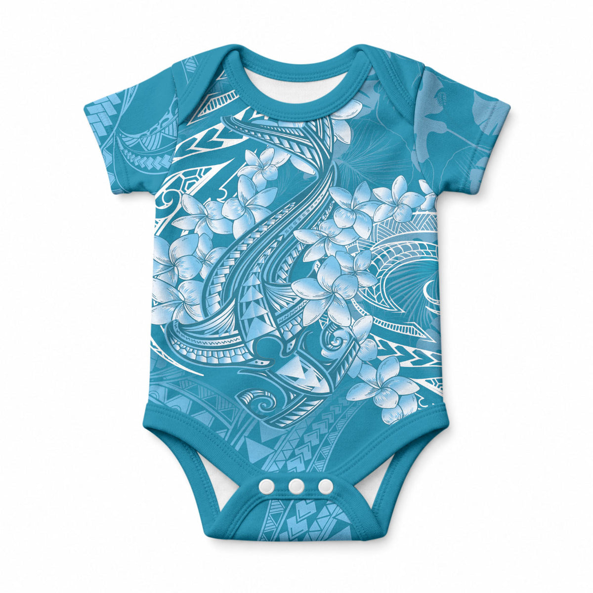Blue Polynesia Hammerhead Shark Tattoo With Plumeria Lei Baby Onesie LT14 Blue - Polynesian Pride