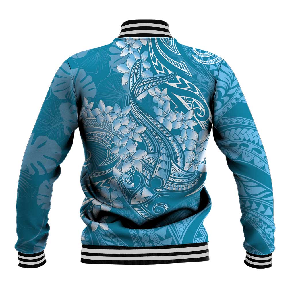 Blue Polynesia Hammerhead Shark Tattoo With Plumeria Lei Baseball Jacket