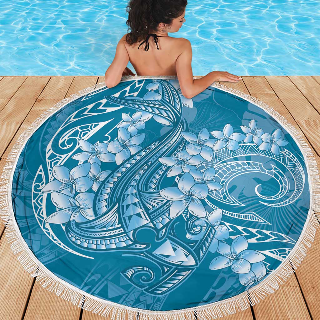 Blue Polynesia Hammerhead Shark Tattoo With Plumeria Lei Beach Blanket