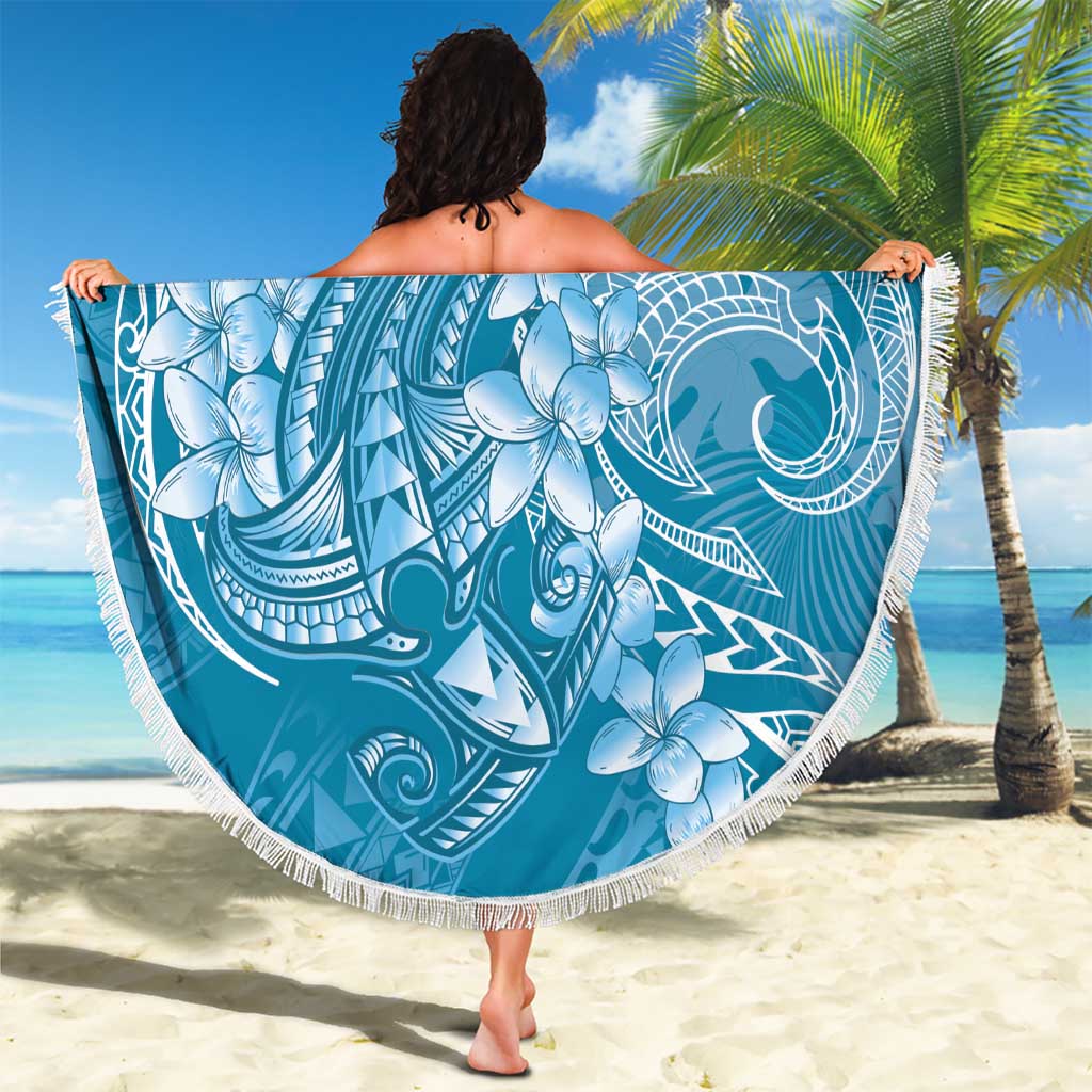 Blue Polynesia Hammerhead Shark Tattoo With Plumeria Lei Beach Blanket