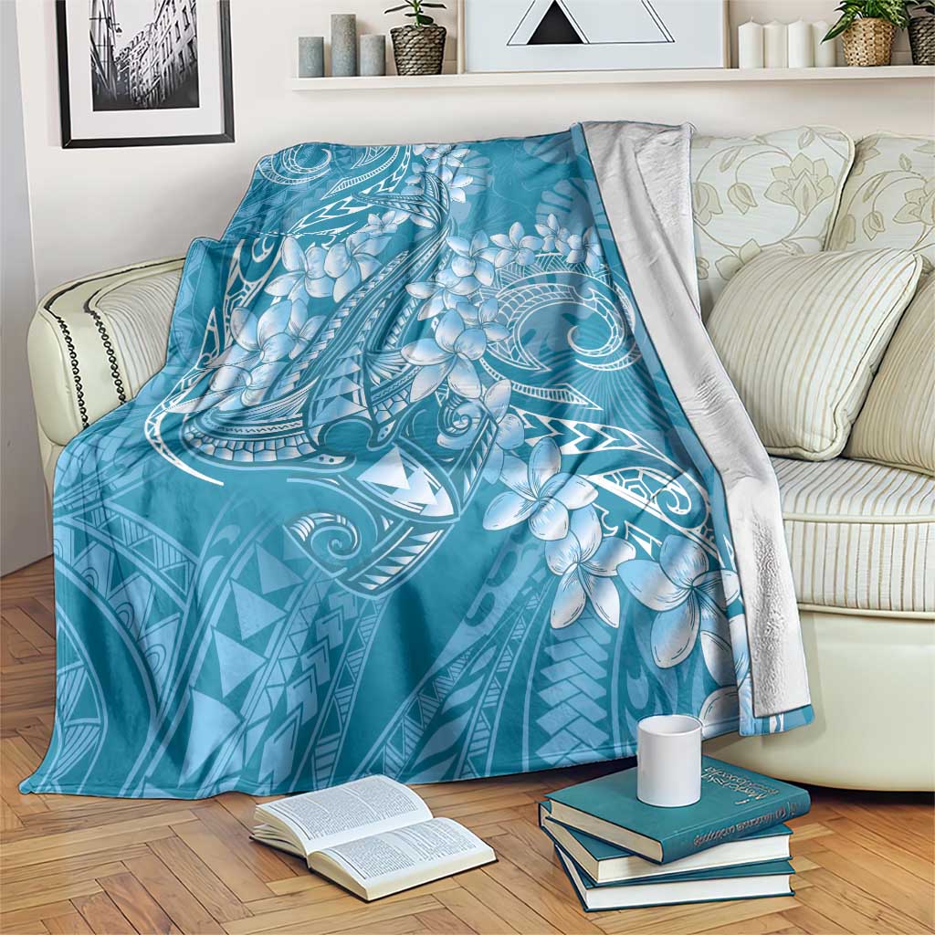 Blue Polynesia Hammerhead Shark Tattoo With Plumeria Lei Blanket