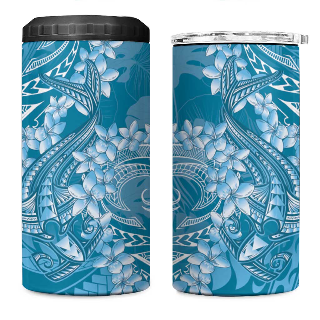 Blue Polynesia Hammerhead Shark Tattoo With Plumeria Lei 4 in 1 Can Cooler Tumbler