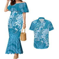 Blue Polynesia Hammerhead Shark Tattoo With Plumeria Lei Couples Matching Mermaid Dress and Hawaiian Shirt