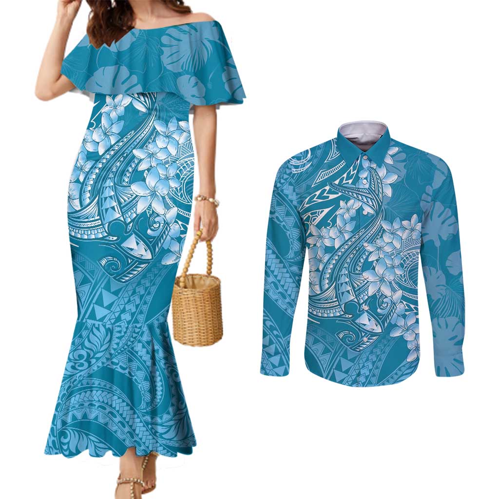 Blue Polynesia Hammerhead Shark Tattoo With Plumeria Lei Couples Matching Mermaid Dress and Long Sleeve Button Shirt LT14 Blue - Polynesian Pride
