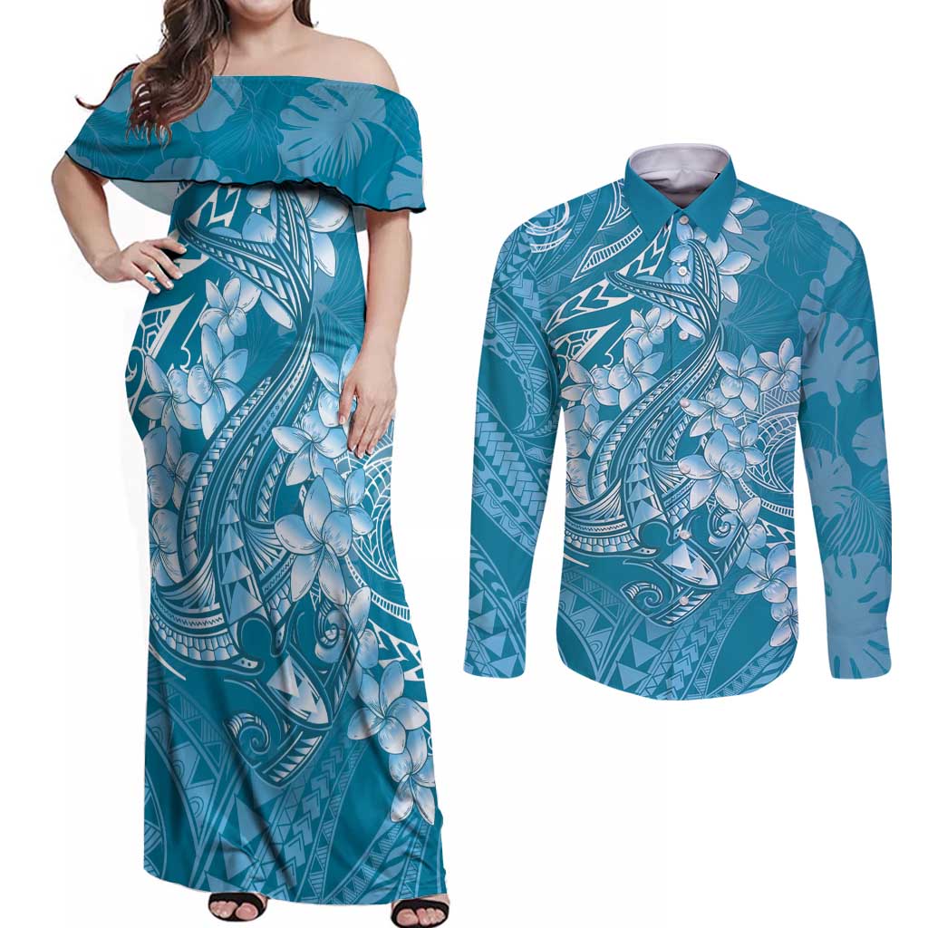 Blue Polynesia Hammerhead Shark Tattoo With Plumeria Lei Couples Matching Off Shoulder Maxi Dress and Long Sleeve Button Shirt