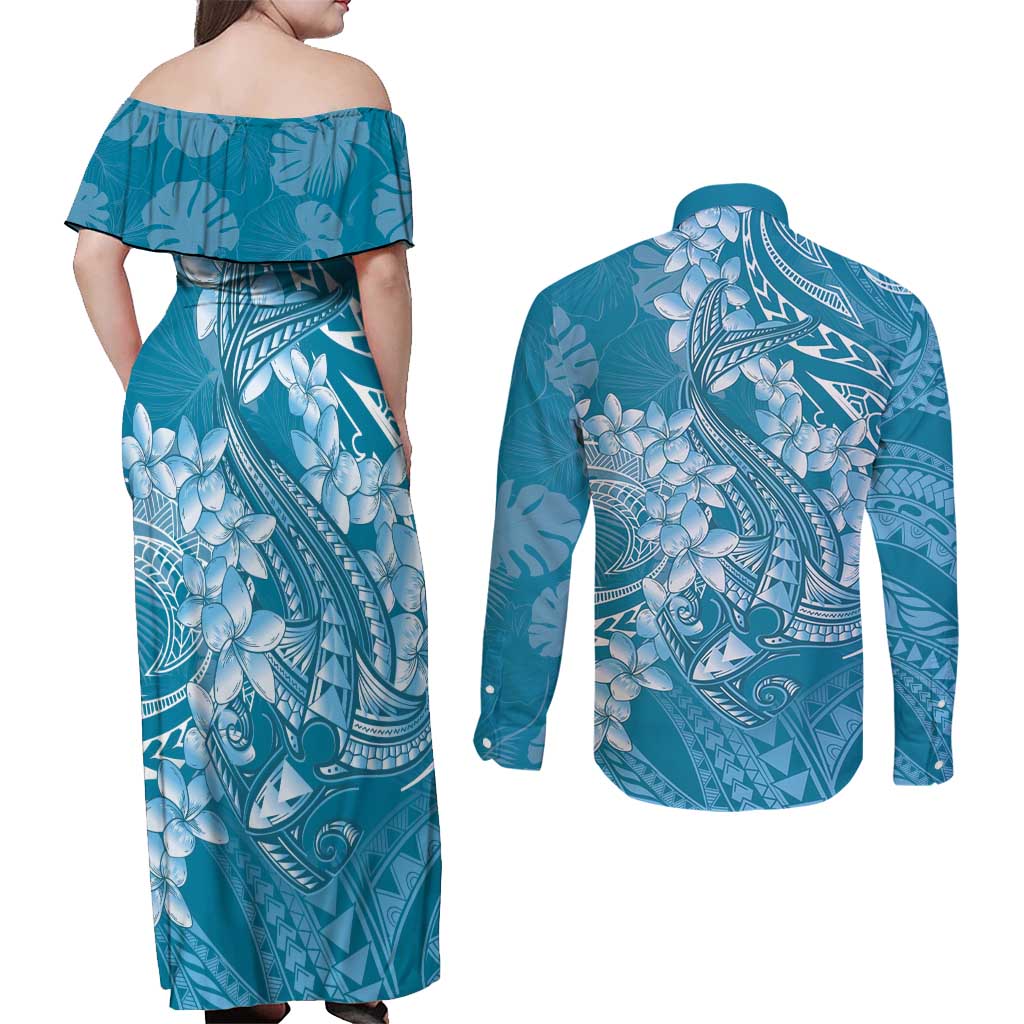 Blue Polynesia Hammerhead Shark Tattoo With Plumeria Lei Couples Matching Off Shoulder Maxi Dress and Long Sleeve Button Shirt