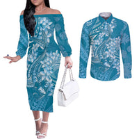 Blue Polynesia Hammerhead Shark Tattoo With Plumeria Lei Couples Matching Off The Shoulder Long Sleeve Dress and Long Sleeve Button Shirt LT14 Blue - Polynesian Pride