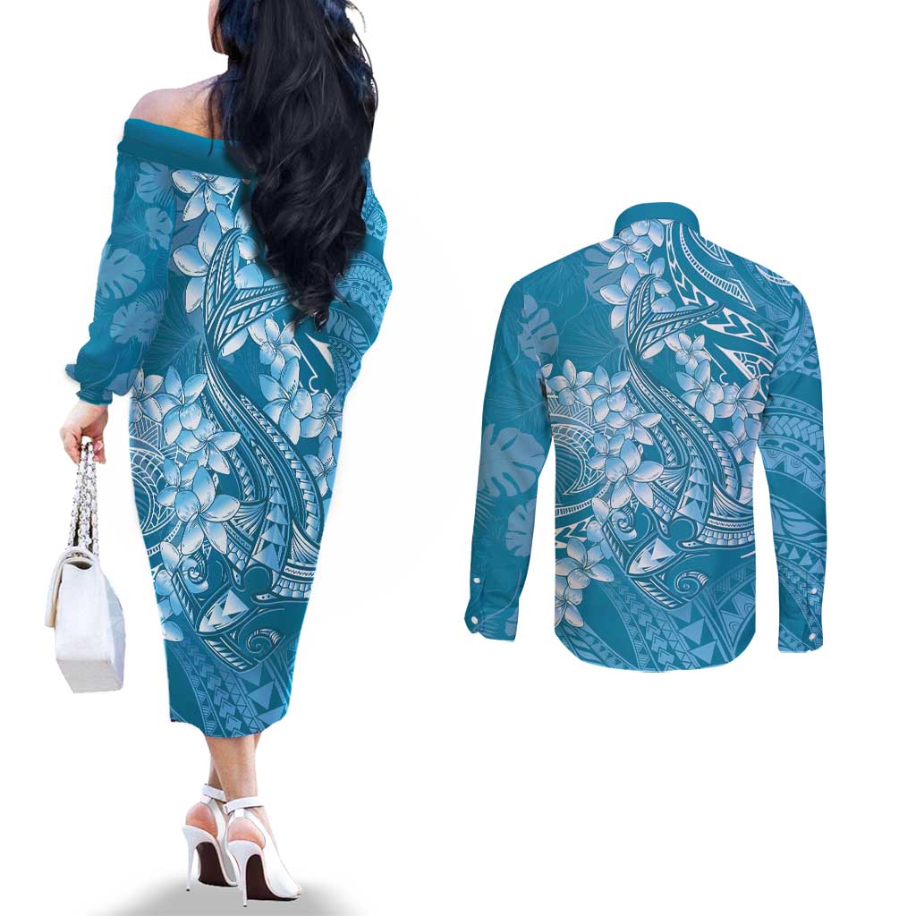 Blue Polynesia Hammerhead Shark Tattoo With Plumeria Lei Couples Matching Off The Shoulder Long Sleeve Dress and Long Sleeve Button Shirt LT14 - Polynesian Pride