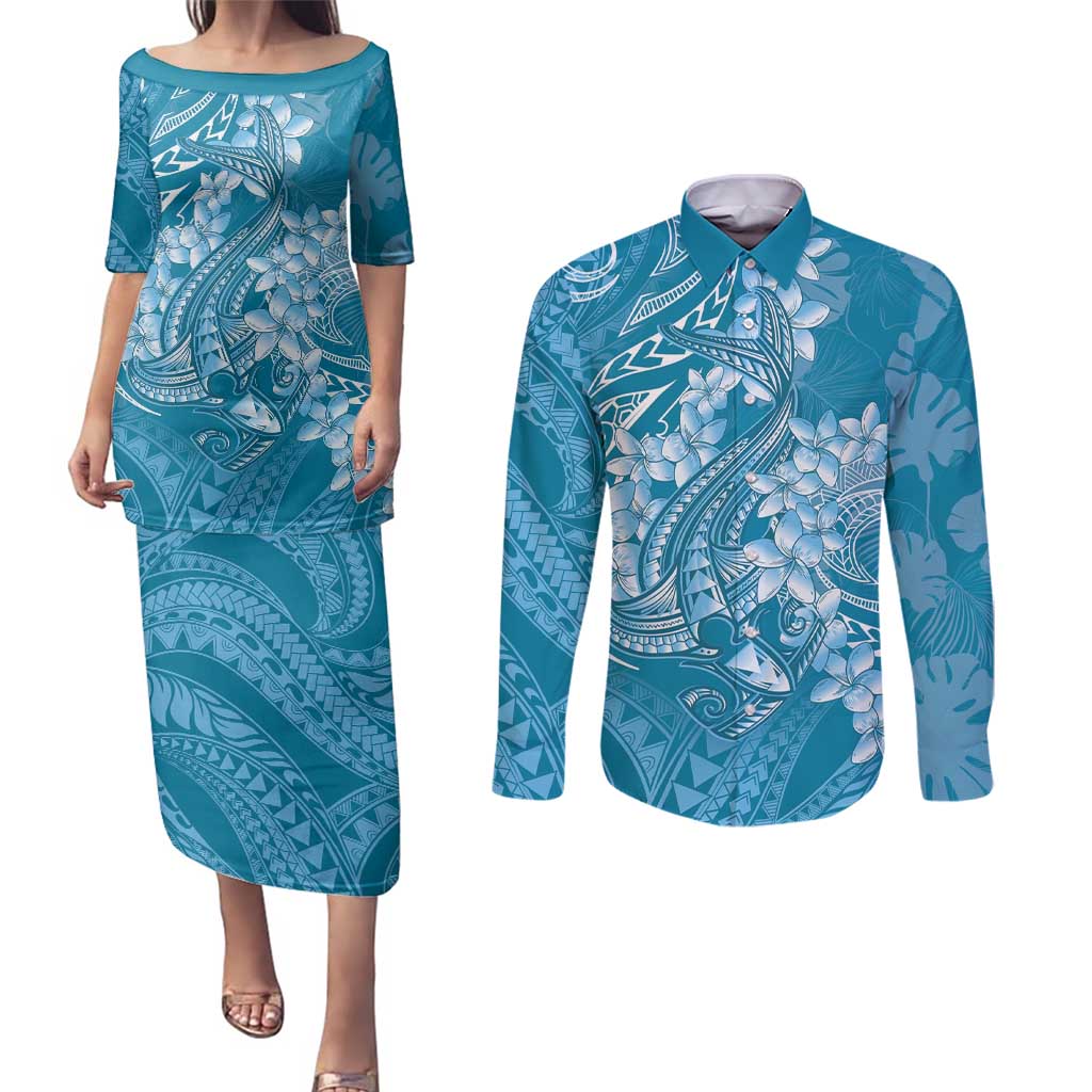 Blue Polynesia Hammerhead Shark Tattoo With Plumeria Lei Couples Matching Puletasi and Long Sleeve Button Shirt