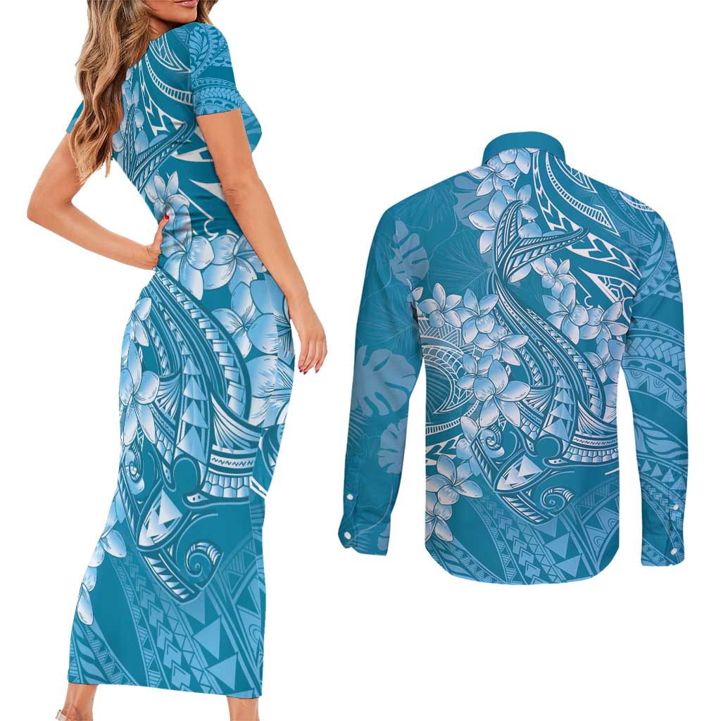 Blue Polynesia Hammerhead Shark Tattoo With Plumeria Lei Couples Matching Short Sleeve Bodycon Dress and Long Sleeve Button Shirt