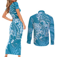 Blue Polynesia Hammerhead Shark Tattoo With Plumeria Lei Couples Matching Short Sleeve Bodycon Dress and Long Sleeve Button Shirt