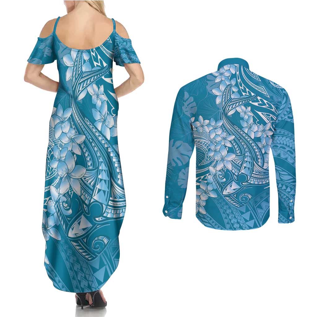 Blue Polynesia Hammerhead Shark Tattoo With Plumeria Lei Couples Matching Summer Maxi Dress and Long Sleeve Button Shirt LT14 - Polynesian Pride