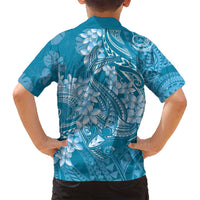 Blue Polynesia Hammerhead Shark Tattoo With Plumeria Lei Family Matching Long Sleeve Bodycon Dress and Hawaiian Shirt LT14 - Polynesian Pride
