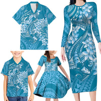 Blue Polynesia Hammerhead Shark Tattoo With Plumeria Lei Family Matching Long Sleeve Bodycon Dress and Hawaiian Shirt LT14 - Polynesian Pride