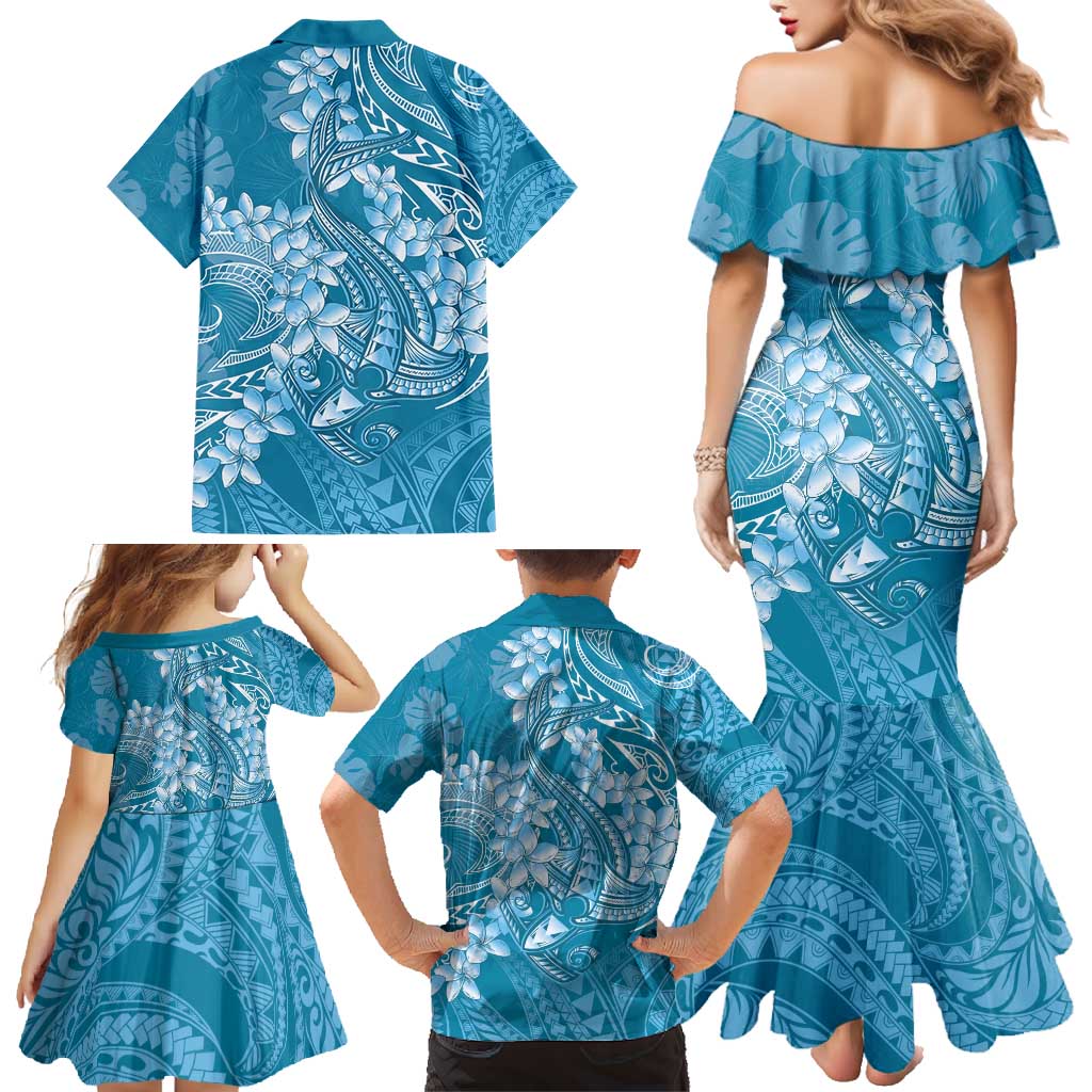 Blue Polynesia Hammerhead Shark Tattoo With Plumeria Lei Family Matching Mermaid Dress and Hawaiian Shirt LT14 - Polynesian Pride