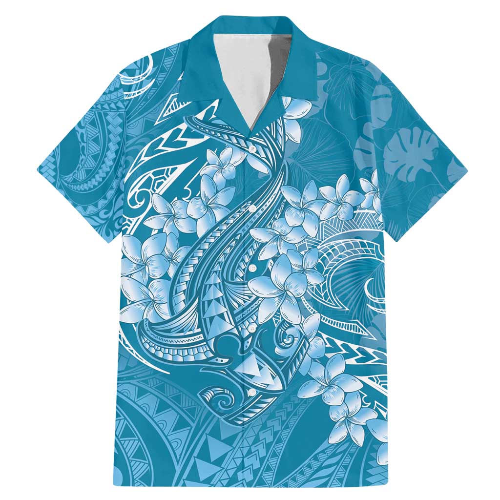Blue Polynesia Hammerhead Shark Tattoo With Plumeria Lei Family Matching Mermaid Dress and Hawaiian Shirt LT14 Dad's Shirt - Short Sleeve Blue - Polynesian Pride