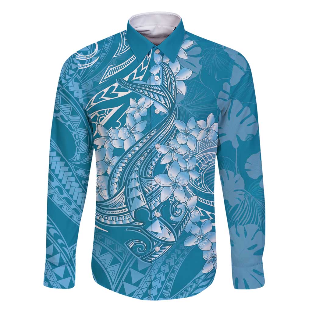 Blue Polynesia Hammerhead Shark Tattoo With Plumeria Lei Family Matching Mermaid Dress and Hawaiian Shirt LT14 Dad's Shirt - Long Sleeve Blue - Polynesian Pride