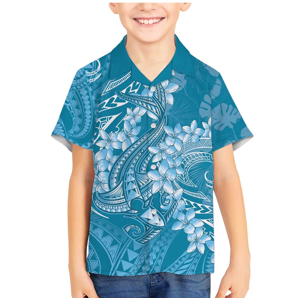 Blue Polynesia Hammerhead Shark Tattoo With Plumeria Lei Family Matching Mermaid Dress and Hawaiian Shirt LT14 Son's Shirt Blue - Polynesian Pride