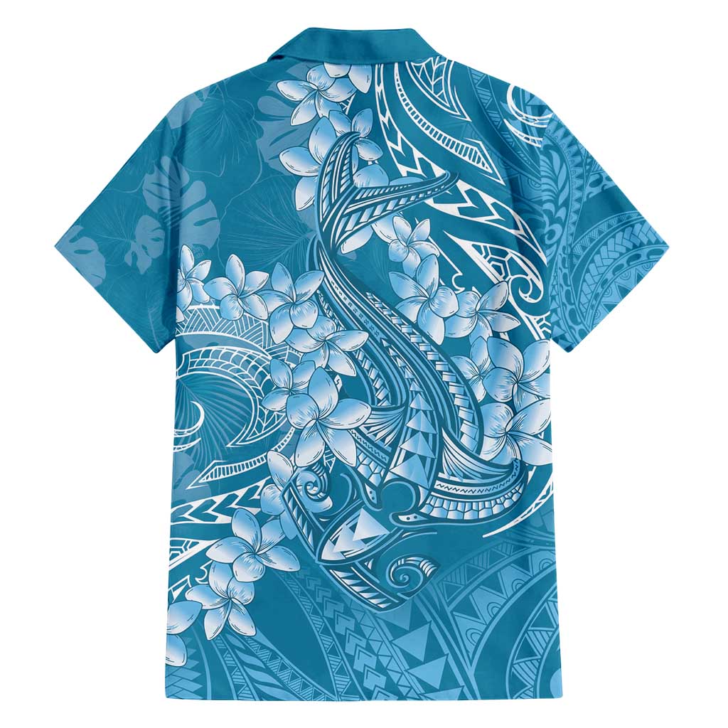 Blue Polynesia Hammerhead Shark Tattoo With Plumeria Lei Family Matching Off Shoulder Maxi Dress and Hawaiian Shirt
