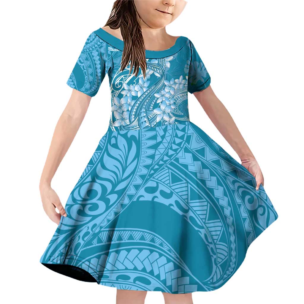 Blue Polynesia Hammerhead Shark Tattoo With Plumeria Lei Family Matching Off Shoulder Short Dress and Hawaiian Shirt