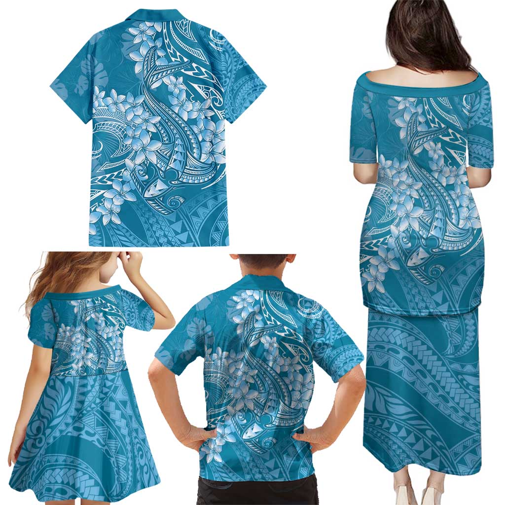 Blue Polynesia Hammerhead Shark Tattoo With Plumeria Lei Family Matching Puletasi and Hawaiian Shirt