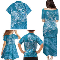 Blue Polynesia Hammerhead Shark Tattoo With Plumeria Lei Family Matching Puletasi and Hawaiian Shirt
