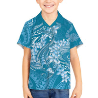 Blue Polynesia Hammerhead Shark Tattoo With Plumeria Lei Family Matching Puletasi and Hawaiian Shirt