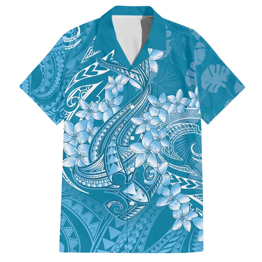 Blue Polynesia Hammerhead Shark Tattoo With Plumeria Lei Family Matching Summer Maxi Dress and Hawaiian Shirt LT14 Dad's Shirt - Short Sleeve Blue - Polynesian Pride