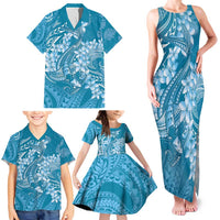 Blue Polynesia Hammerhead Shark Tattoo With Plumeria Lei Family Matching Tank Maxi Dress and Hawaiian Shirt
