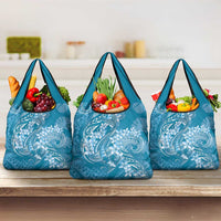 Blue Polynesia Hammerhead Shark Tattoo With Plumeria Lei Grocery Bag