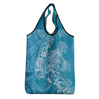 Blue Polynesia Hammerhead Shark Tattoo With Plumeria Lei Grocery Bag