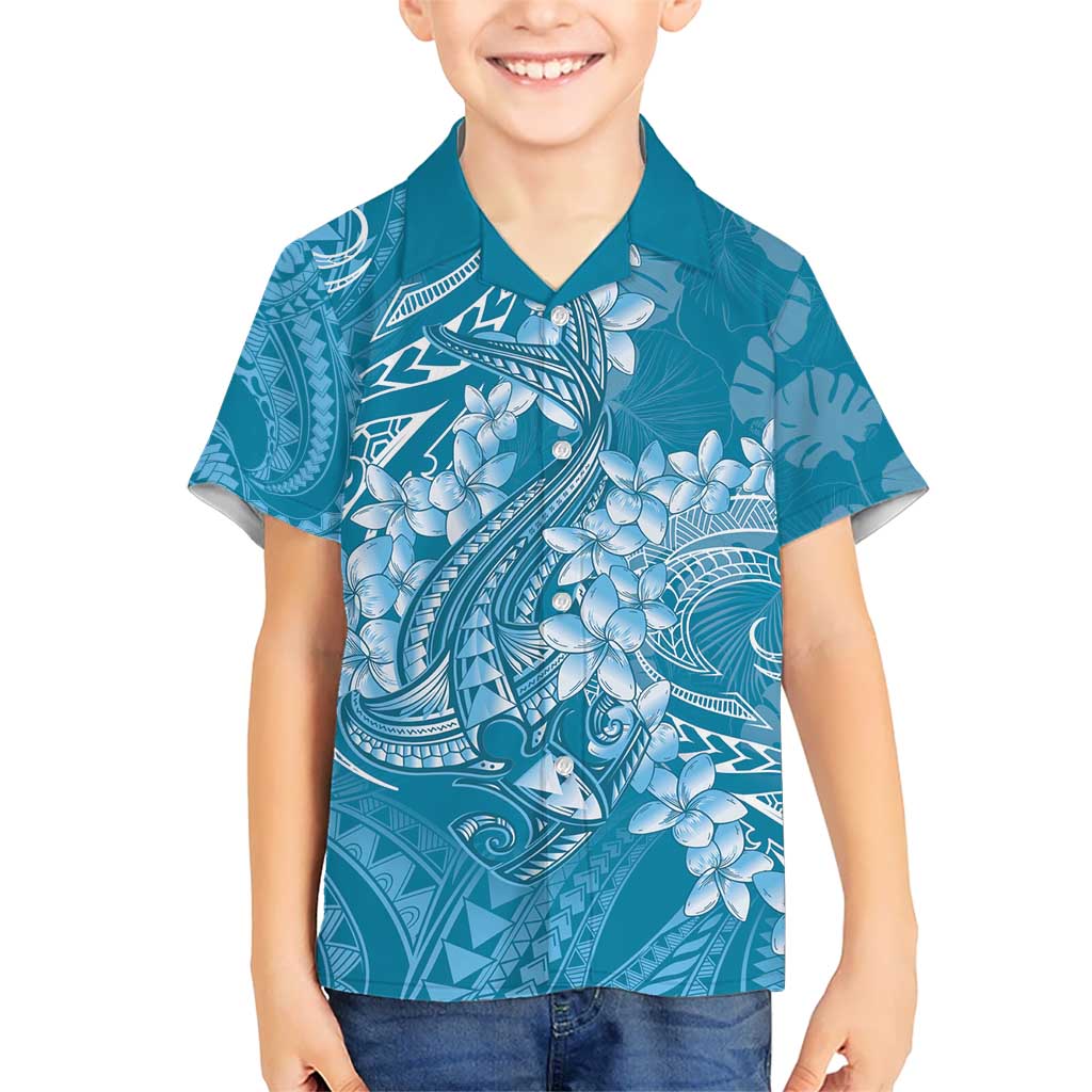Blue Polynesia Hammerhead Shark Tattoo With Plumeria Lei Kid Hawaiian Shirt